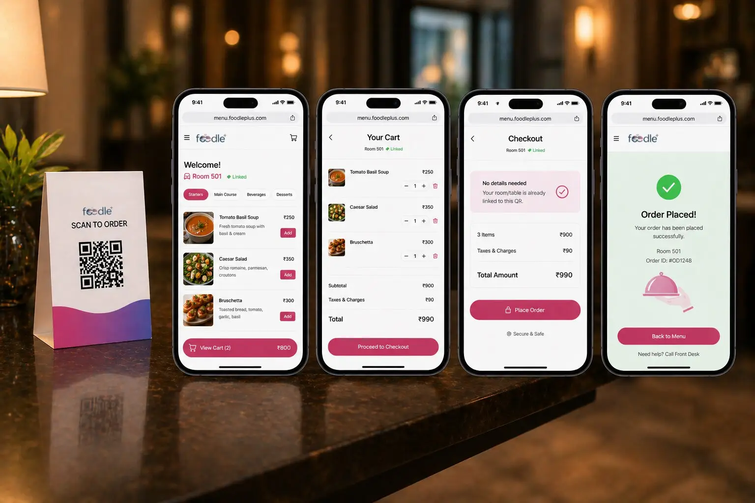 Hotel guest placing a room service order on a mobile phone
