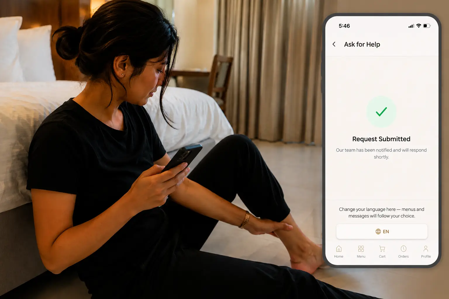 Hotel guest requesting emergency assistance using the SOS feature