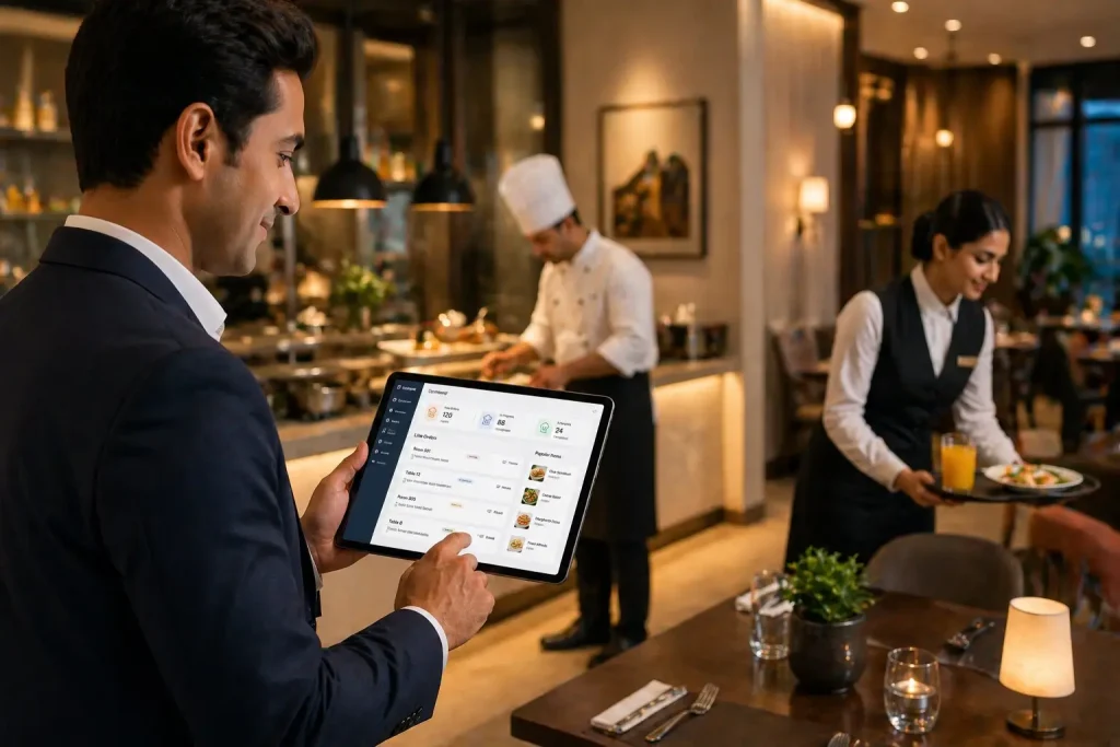 Hotel staff managing F&B orders on a tablet