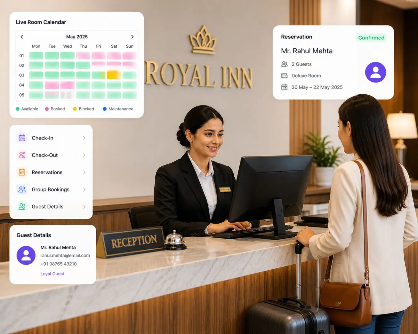 Hotel front office management software for reservations, check-ins, and guest services