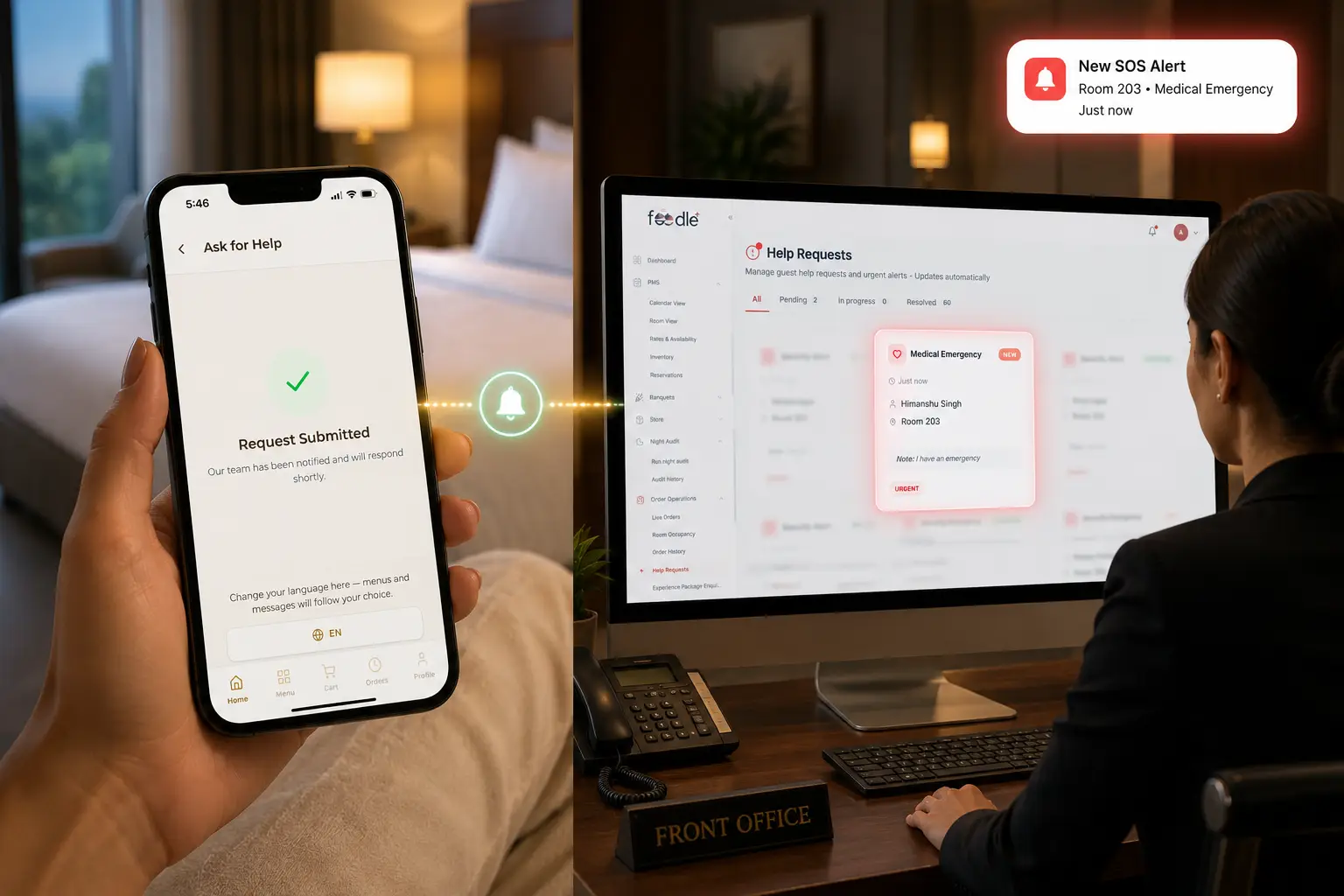 Hotel guest triggering an SOS alert for immediate staff assistance
