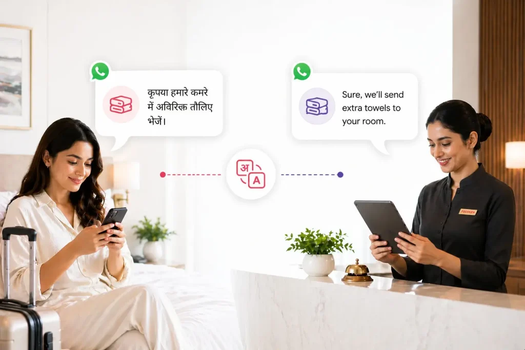 Hotel multi-language support enabling guest communication with real-time translation and seamless staff interaction
