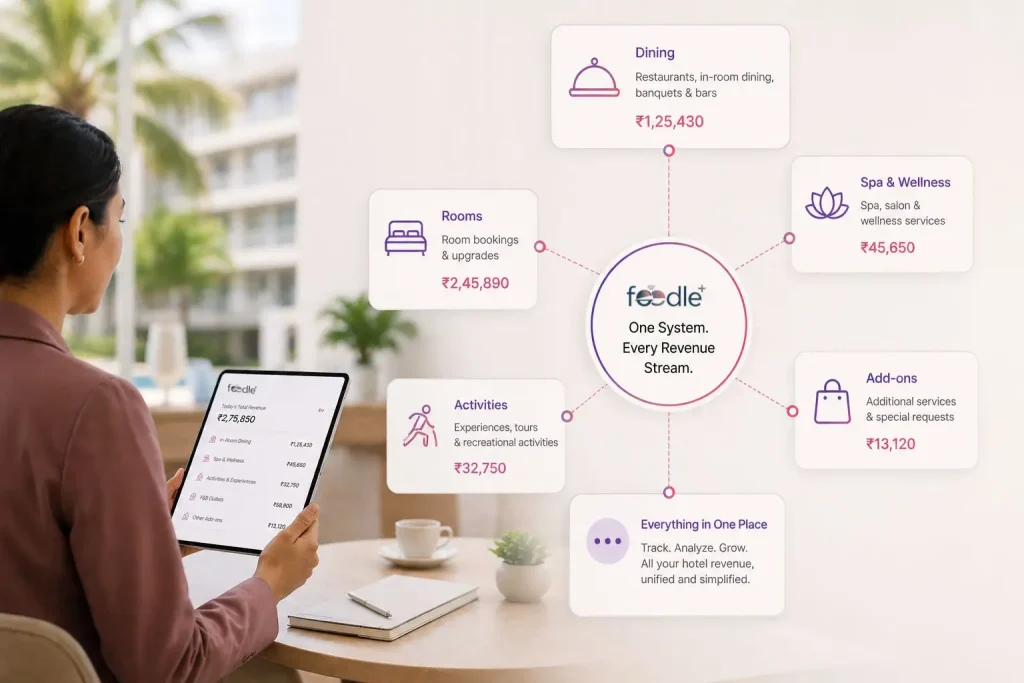 Hotel manager using hotel revenue management software to track room bookings, dining, spa activities, and multiple revenue streams in one dashboard