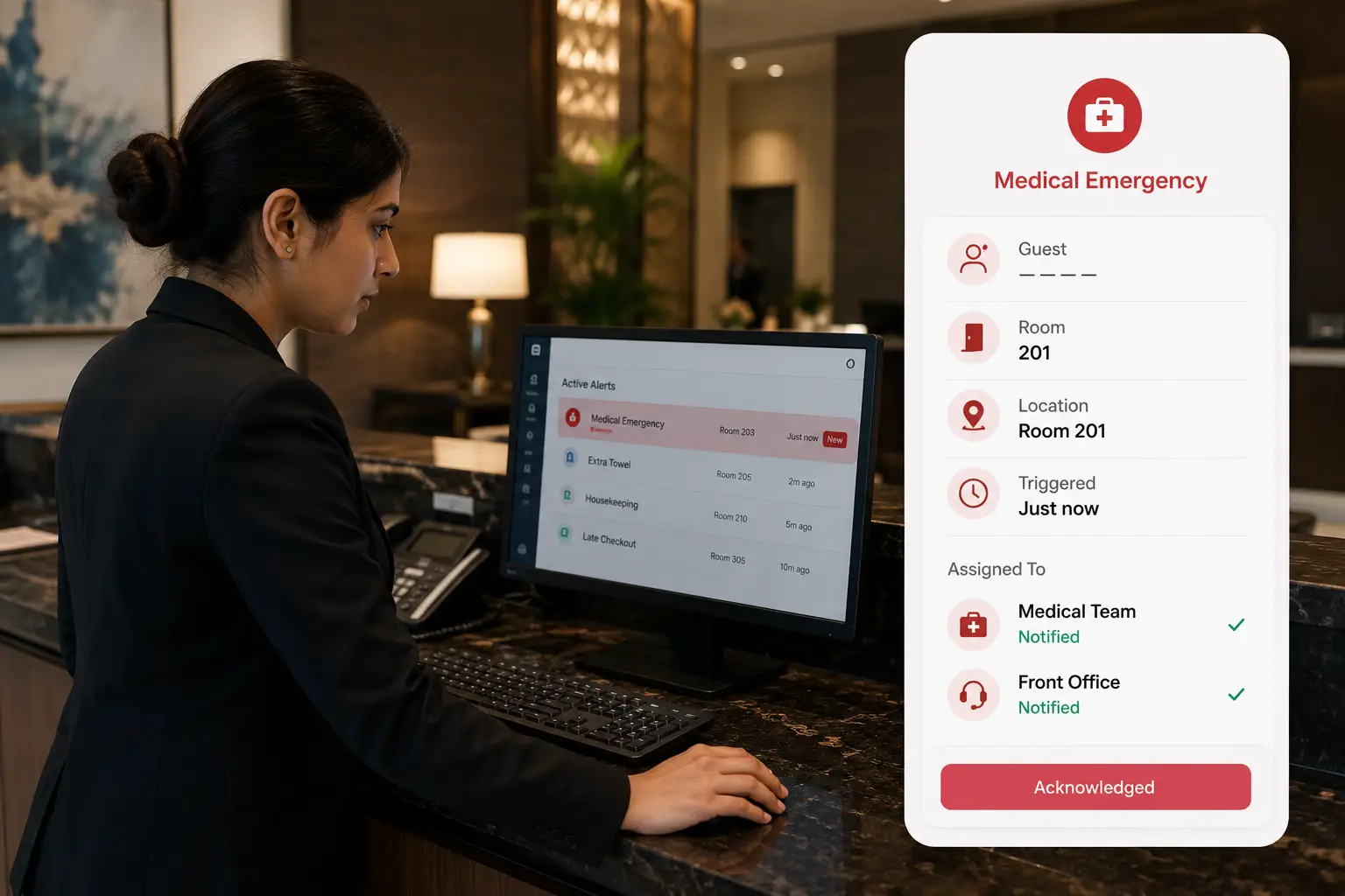 Hotel staff receiving and responding instantly to a guest SOS alert