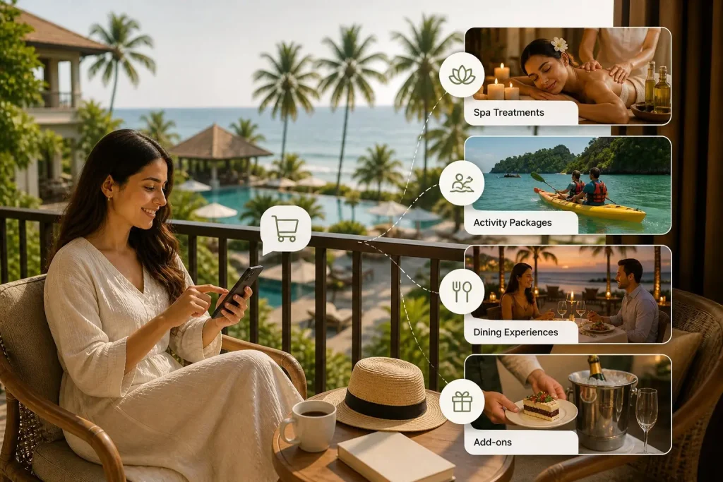 Guest using hotel services on a phone at a resort balcony